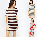 New Womens Cotton Blend Striped Bodycon Dress Red Grey Brown