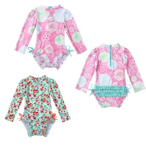 Infant Baby Girls One-piece Long Sleeves Bodysuit Floral Printed Bathing Suit - Picture 1 of 43