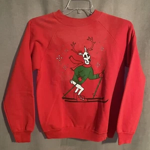 Vintage 80s Ski Reindeer Graphic Pullover Sweatshirt Sz M Distressed Christmas - Picture 1 of 7
