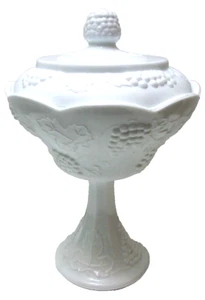 Vintage Indiana Glass Candy Dish Compote w Lid Harvest Grape White Milk Glass - Picture 1 of 6
