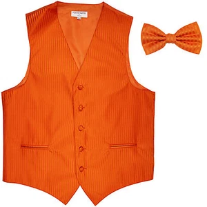 New Men's Vertical Tone on Tone stripes tuxedo Vest Waistcoat & bowtie orange - Picture 1 of 5