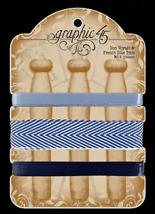 Graphic45 BON VOYAGE & FRENCH BLUE TRIMs scrapbooking (3) RIBBONS (9) YDS TOTAL - Picture 1 of 1