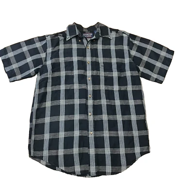 Camisa de vestir pequeña Roundtree & Yorke blanca y negra a cuadros manga corta con botones Foto 1 de 4