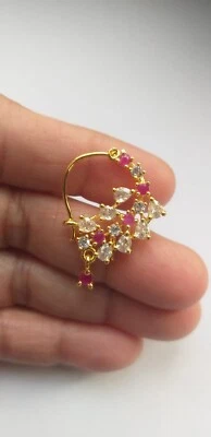 Marathi Crystal Nose Ring Indian Nath Fashion Jewelry Gold Plated Piercing Hoop - Image 1 of 4