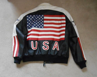 Phase Two men's XL Leather Moto Bomber Jacket USA Flag - Image 1 of 4