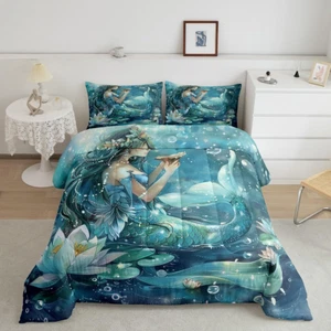 Blue Mermaid Kids Comforter Set Queen Size, Lotus Flower Mermaid Girl Bedding Se - Picture 1 of 6
