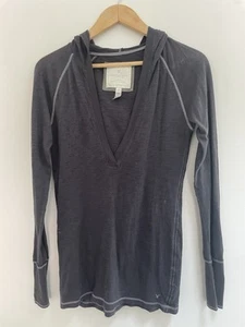 American Eagle Damen einfarbig dunkelgrau transparente Baumwolle Kapuze Langarmshirt M - Bild 1 von 6
