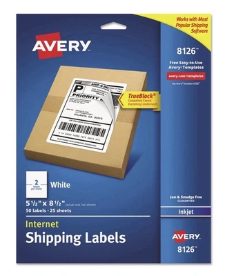 Avery Shipping Labels w/Ultrahold & TrueBlock Inkjet 5 1/2 x 8 1/2 White 50/Pack