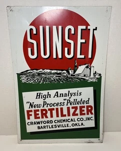 RARE VTG Sunset Fertilizer Tin Metal Sign Bartlesville, Oklahoma 12x18” HTF Wow! - Bild 1 von 24