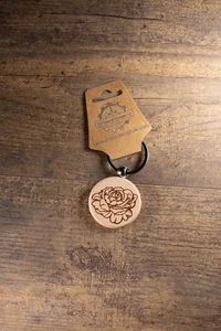 Laser Engraved Peony Wood Keychain / Bag Charm – Made from Hardwood with - Picture 1 of 12