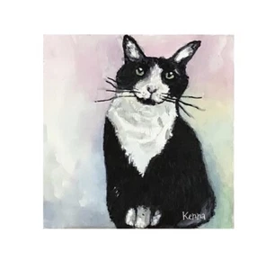 Painting Original Black And White Cat Unframed Canvas Panel 4” X 4” By Kenna - Bild 1 von 7