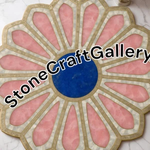 21" Flower Rose Quartz And Mother Of Pearl Coffee Table Top, (No Brass Work) - Picture 1 of 2