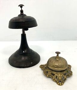 Lot Of 2 Metal Desk Service Bell Ring Engraved Open Art Work Gold Tone Black