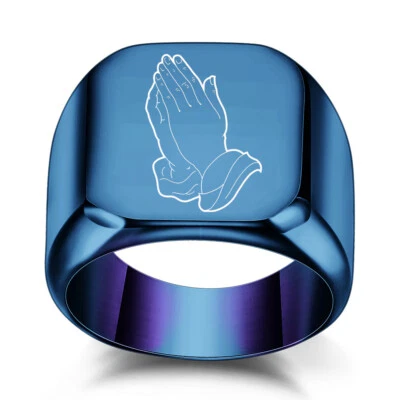 Модный квадратный молитвы руки печатка кольцо из нержавеющей стали мотоциклиста амулет кольцо синий - Изображение 1 из 2