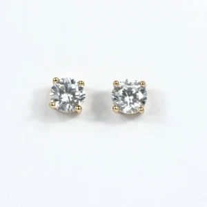 Yellow Gold Finish Created Diamond Round Cut 4 Claw Stud Earrings  - Picture 1 of 6