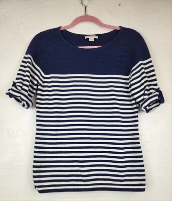 Suéter Coldwater Creek tamanho M 10-12 listra branca azul marinho manga curta - Imagem 1 de 4