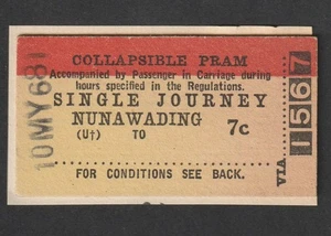 VINTAGE 1968 VICTORIAN RAILWAYS NUNAWADING COLLAPSIBLE PRAM TRAIN TICKET - Foto 1 di 1