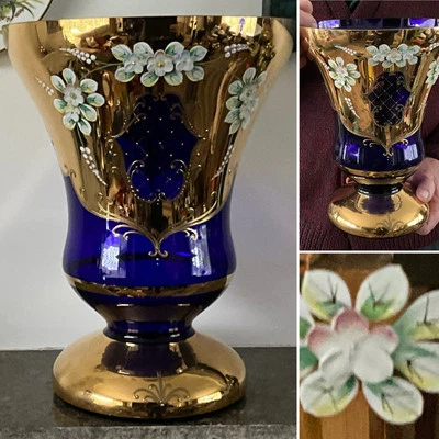 RARE HUGE 12” Blue Glass MURANO CENTREPIECE Vase 22ct Gold Enamel Flowers - Image 1 of 4