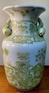 Large Green/White Asian Pottery 14” Tall Chinese Style Floor Vase Pomegranates - Picture 1 of 16