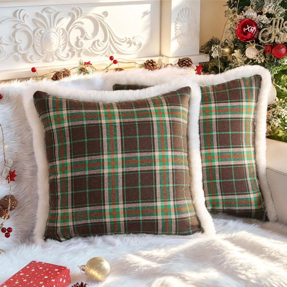 Pacote com 2 capas de travesseiro decorativas xadrez de Natal almofada tartan escocesa - Imagem 1 de 4