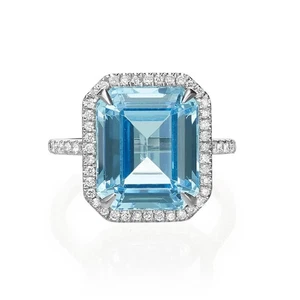 950 Platinum Lab Grown Diamond Wedding Ring 6.05 CT Emerald Blue Aquamarine - Picture 1 of 18