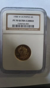 1988-W Olympics $5 Gold 1/4 oz Proof Coin PF-70 ULTRA CAMEO NGC - Picture 1 of 5