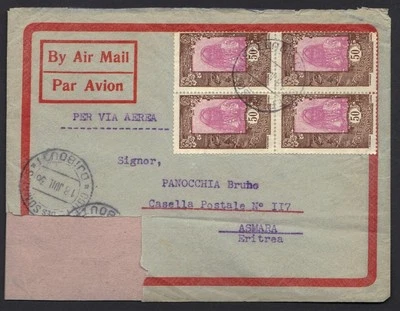 FRANCE SOMALIA COAST 1936 BLOCK OF 4 TIED DJIBOUTI 13JULY1936 ON AIR MAIL CVR TO - Image 1 of 2