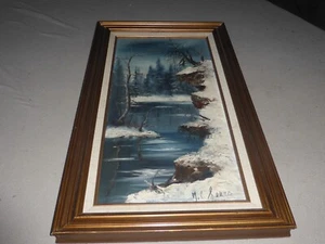 ORIGINAL FRAMED M.C. SERRO WINTER LAKE TREES FROZEN OIL PAINTING ART SIGNED - Picture 1 of 7