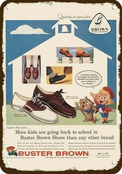 1957 Buster Brown Duke Barton aspecto vintage réplica letrero de metal - ¡no zapatos reales! Foto 1 de 1