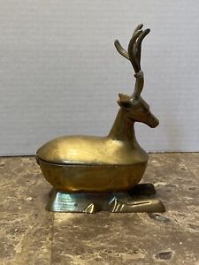 Vintage Aged Brass Deer Stag Trinket Box 6"