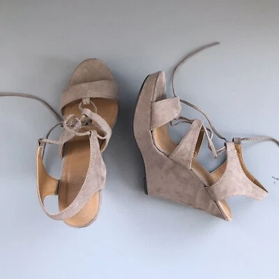 Charlotte Russe Faux Suede Lace Up Platform Wedge Sandals 7 Tan - Image 1 of 4