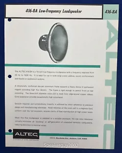 Hoja de especificaciones vintage Altec Lansing / Altavoz 416-8A - Imagen 1 de 1
