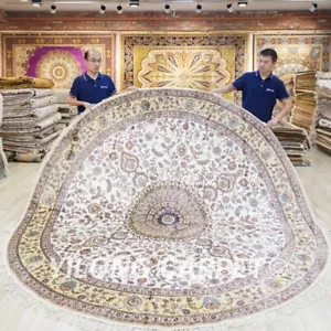 Beige 9x9ft Circle Hand Knotted Silk Carpets Dining Room Round Rugs 112C - Picture 1 of 7