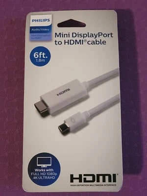 Philips Mini DisplayPort to HDMI Cable White 6 Foot Length - NEW - FREE SHIPPING - Image 1 of 2