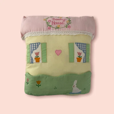 Vintage House of Hatten Bunny House Plush Pillow Embroidered Cottage 12x10" Pink - Image 1 of 4