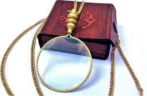 50Mm Brass Magnifying Glass a Beautiful Necklace Chain Library Reading Fine Prin - Picture 1 of 5