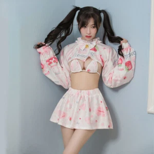 Lady Sweet Apparel Crop Top&Skirt&Bra Outfit Strawberry Milk Sexy Erotic Cosplay - Picture 1 of 14