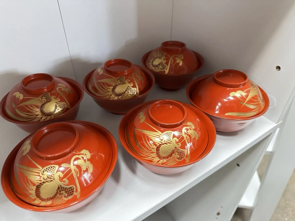 Japanese Lacquer Set of 12 Lidded Soup Bowl Gold Floral Maki-e Meiji Era - Image 1 of 4