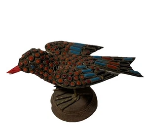 Vintage Brass Turquoise Coral Onyx Inlay Bird Figurine Tibet Nepal - Picture 1 of 9