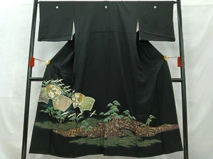 Tomesode Kimono Bodenpapier, Blumen-Hizuru Muster, Halo gefärbt, goldfarben, P - Bild 1 von 7