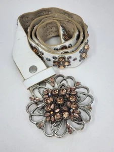 Leatherock White Leather Crystal Rhinestone Studded Belt Womens Medium 32-34 - Picture 1 of 5