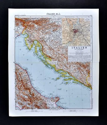 1911 Stieler Map Italy Croatia Adriatic Sea Fiume Triest Pola Ancona Rome Plan - Image 1 of 4