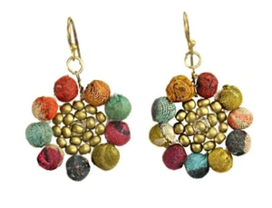 Pendientes Girasol Comercio Justo Reciclados Tela Kantha Hechos a Mano Reciclado Boho Gota - Imagen 1 de 18