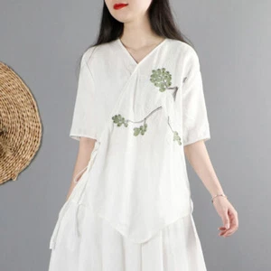 Lady Cotton Blouse Shirt Tops Ethnic Embroidery Floral V-neck Asymmetric Vintage - Picture 1 of 10