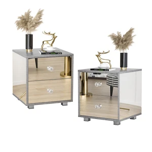 Set of 2 Mirrored Bedside Table 2 Drawer Nightstand Side Table Storage Cabinet - Picture 1 of 8