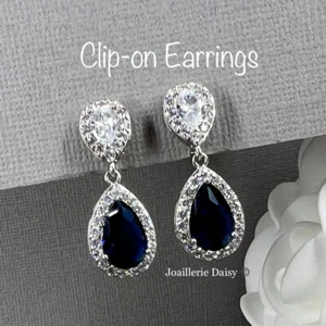 Handmade CZ Statement Clip On Earrings Sapphire Wedding Something Blue for Bride - Bild 1 von 6