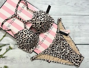 Victoria’s Secret Swim Metal Chain Push Up Top Bra Bikini Set Leopard - Picture 1 of 6