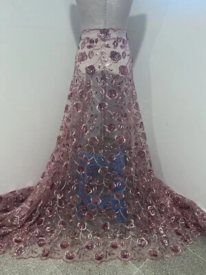 Rose Pink Embroidery  Sequins Lace Fabric 50” Width 1 Yard - Image 1 of 4