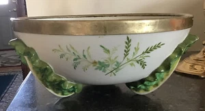 Majolica Brass plated Rimmed Porcelain Salad Bowl Lettuce Legs - Picture 1 of 17