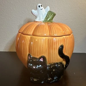 Lilian Vernon Halloween Pumpkin Cookie Jar Halloween Black Cat Ghost Vtg HTF - Picture 1 of 11
